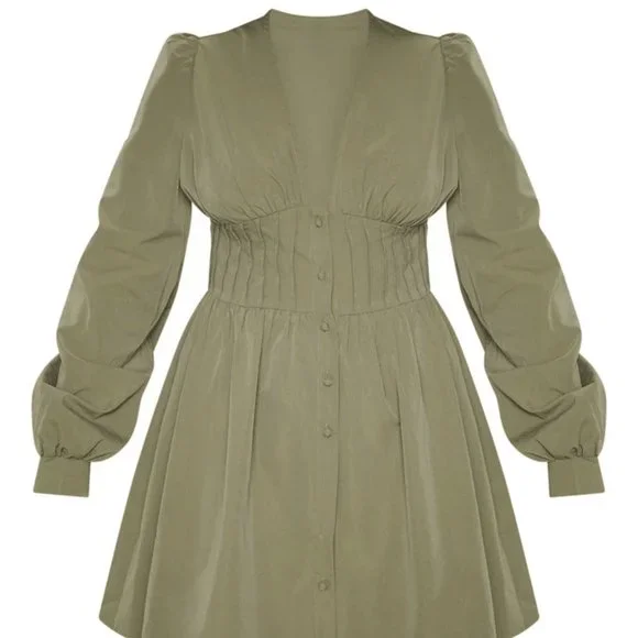 khaki skater dress Khaki Print Tie Neck Gathered Dress